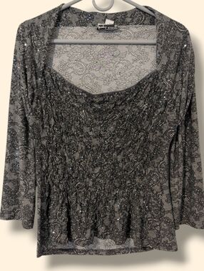 Joseph Ribkoff Black Floral Sequin Square Neck  3/4 Sleeve Jersey Knit Top 16